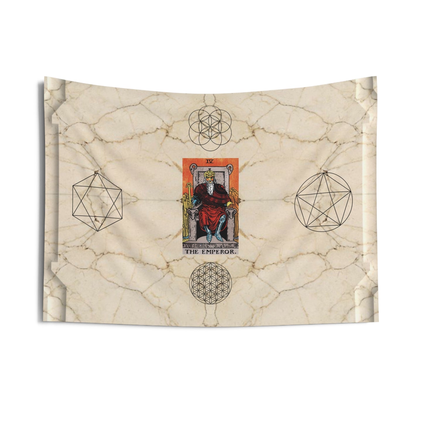 The Emperor Tarot Card Altar Cloth or Tapestry with Marble Background, Flower of Life and Seed of Life