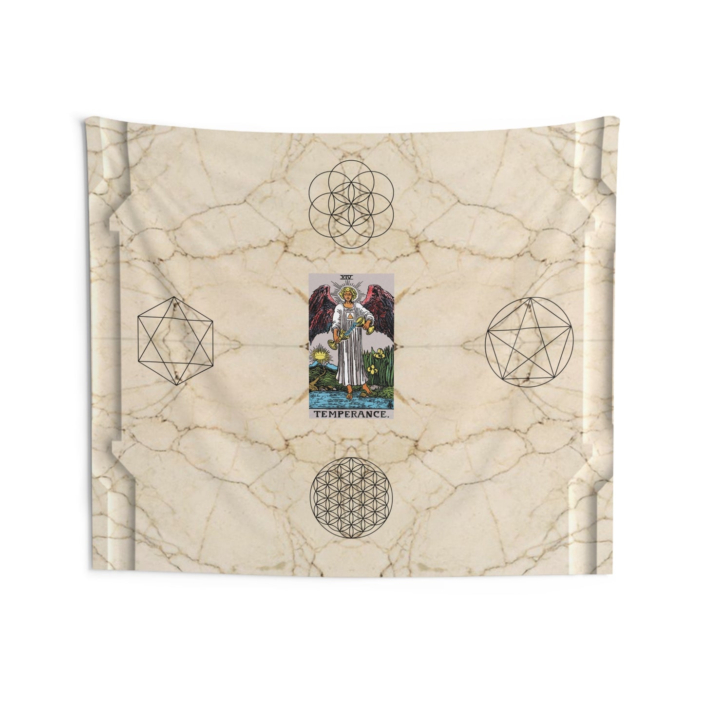 The Temperance Tarot Card Altar Cloth or Tapestry with Marble Background, Flower of Life and Seed of Life