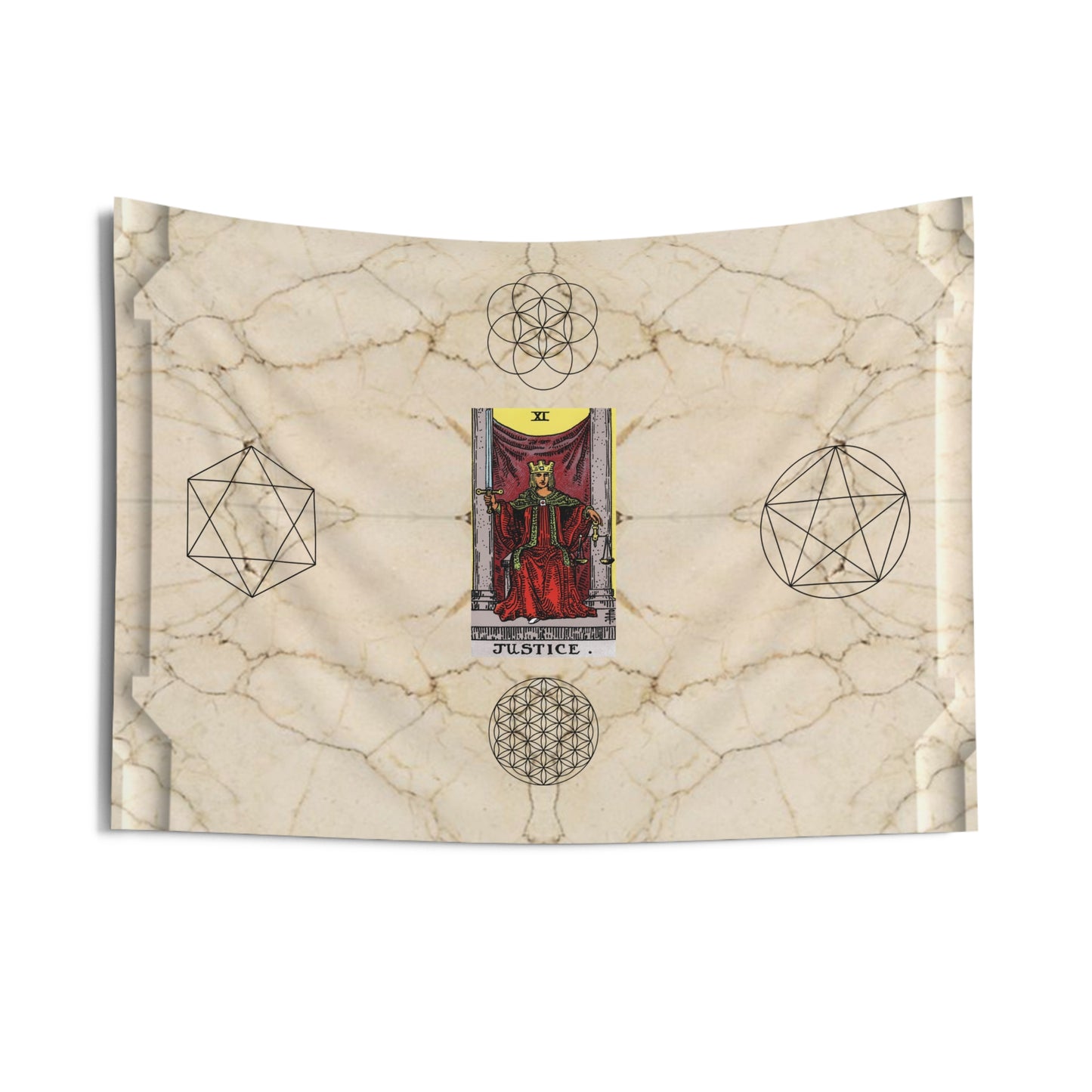 The Justice Tarot Card Altar Cloth or Tapestry with Marble Background, Flower of Life and Seed of Life