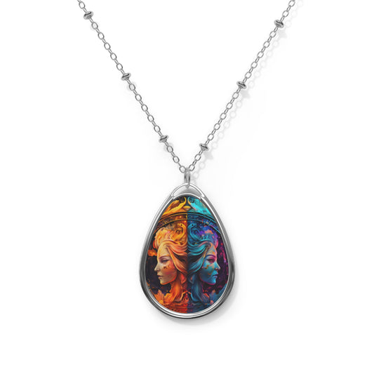 Gemini Zodiac Sign Fire and Water Twins ~ Necklace & Oval Pendant With Chain