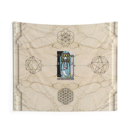 The High Priestess Tarot Card Altar Cloth or Tapestry with Marble Background, Flower of Life and Seed of Life