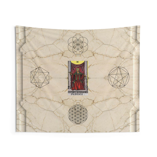 The Justice Tarot Card Altar Cloth or Tapestry with Marble Background, Flower of Life and Seed of Life