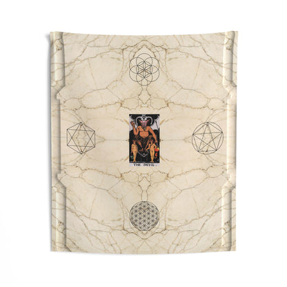 The Devil Tarot Card Altar Cloth or Tapestry with Marble Background, Flower of Life and Seed of Life
