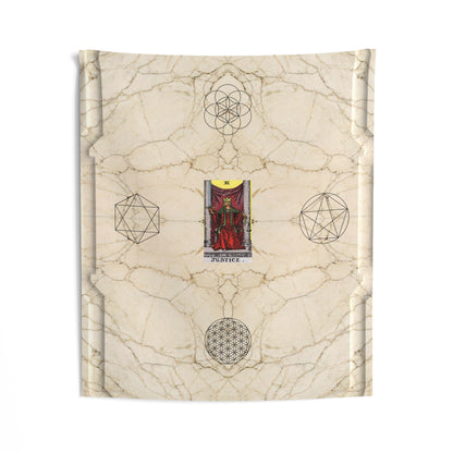 The Justice Tarot Card Altar Cloth or Tapestry with Marble Background, Flower of Life and Seed of Life