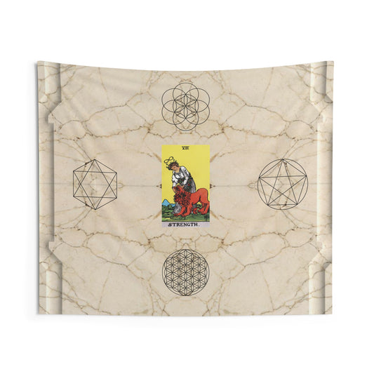 The Strength Tarot Card Altar Cloth or Tapestry with Marble Background, Flower of Life and Seed of Life