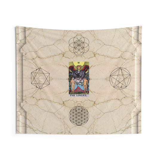 The Lovers Tarot Card Altar Cloth or Tapestry with Marble Background, Flower of Life and Seed of Life