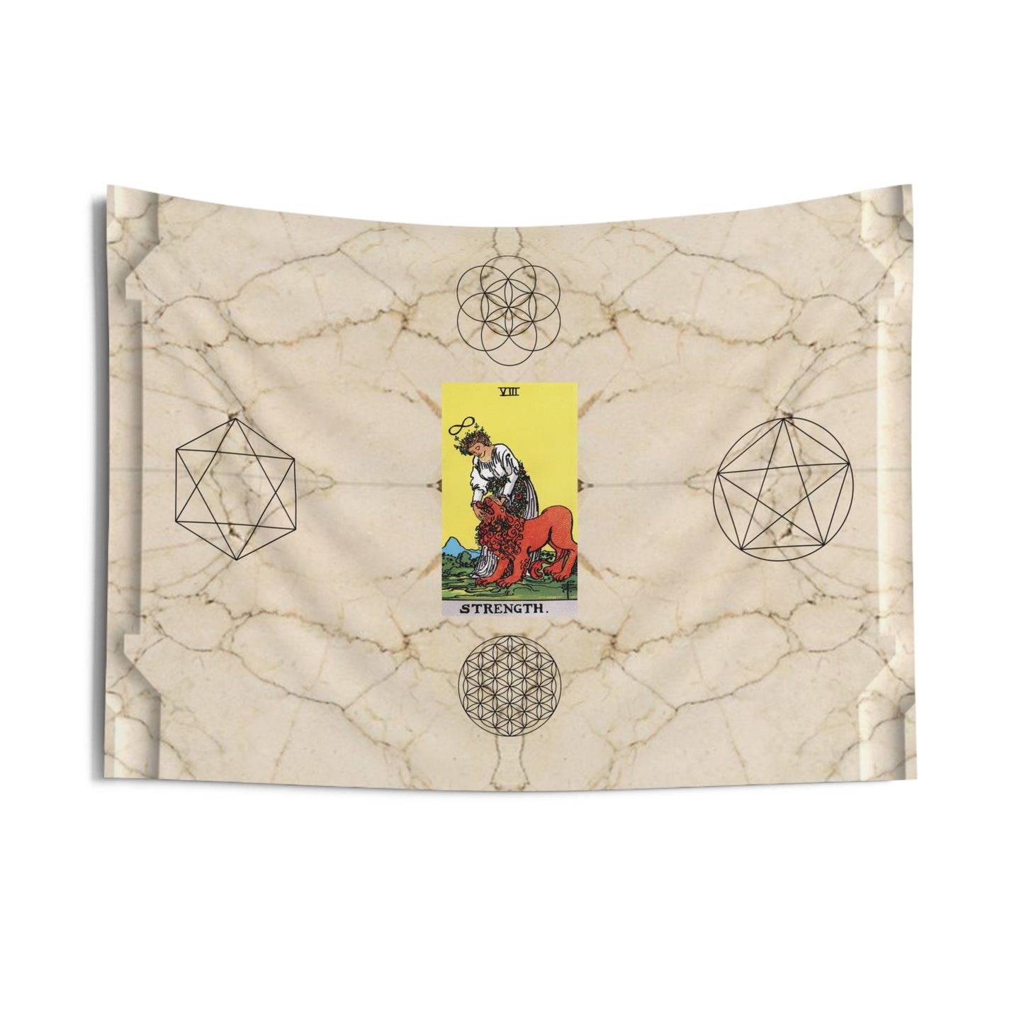 The Strength Tarot Card Altar Cloth or Tapestry with Marble Background, Flower of Life and Seed of Life