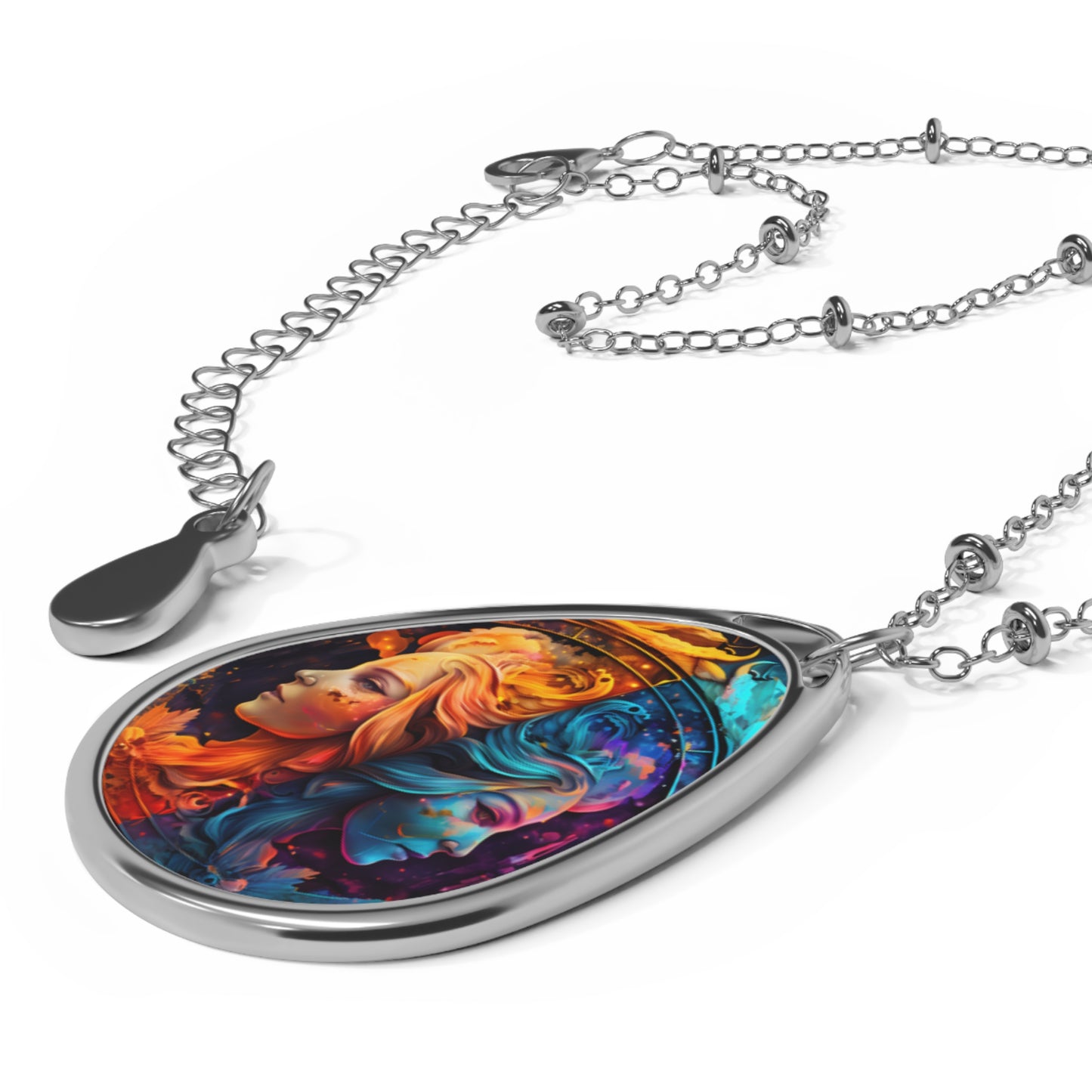 Gemini Zodiac Sign Fire and Water Twins ~ Necklace & Oval Pendant With Chain