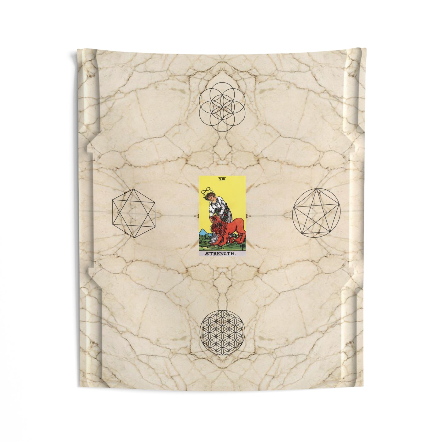 The Strength Tarot Card Altar Cloth or Tapestry with Marble Background, Flower of Life and Seed of Life