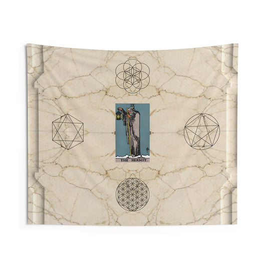 The Hermit Tarot Card Altar Cloth or Tapestry with Marble Background, Flower of Life and Seed of Life