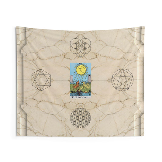 The Moon Tarot Card Altar Cloth or Tapestry with Marble Background, Flower of Life and Seed of Life