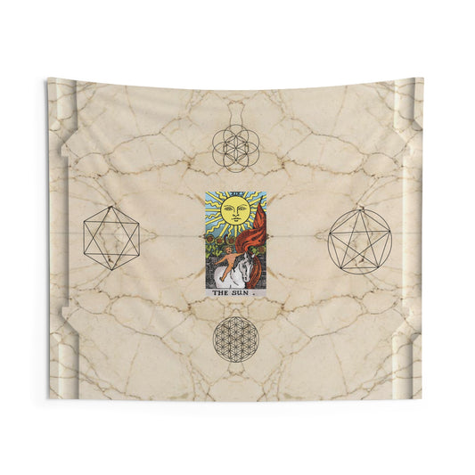 The Sun Tarot Card Altar Cloth or Tapestry with Marble Background, Flower of Life and Seed of Life