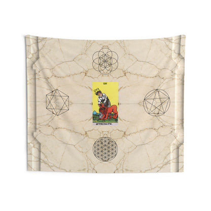 The Strength Tarot Card Altar Cloth or Tapestry with Marble Background, Flower of Life and Seed of Life