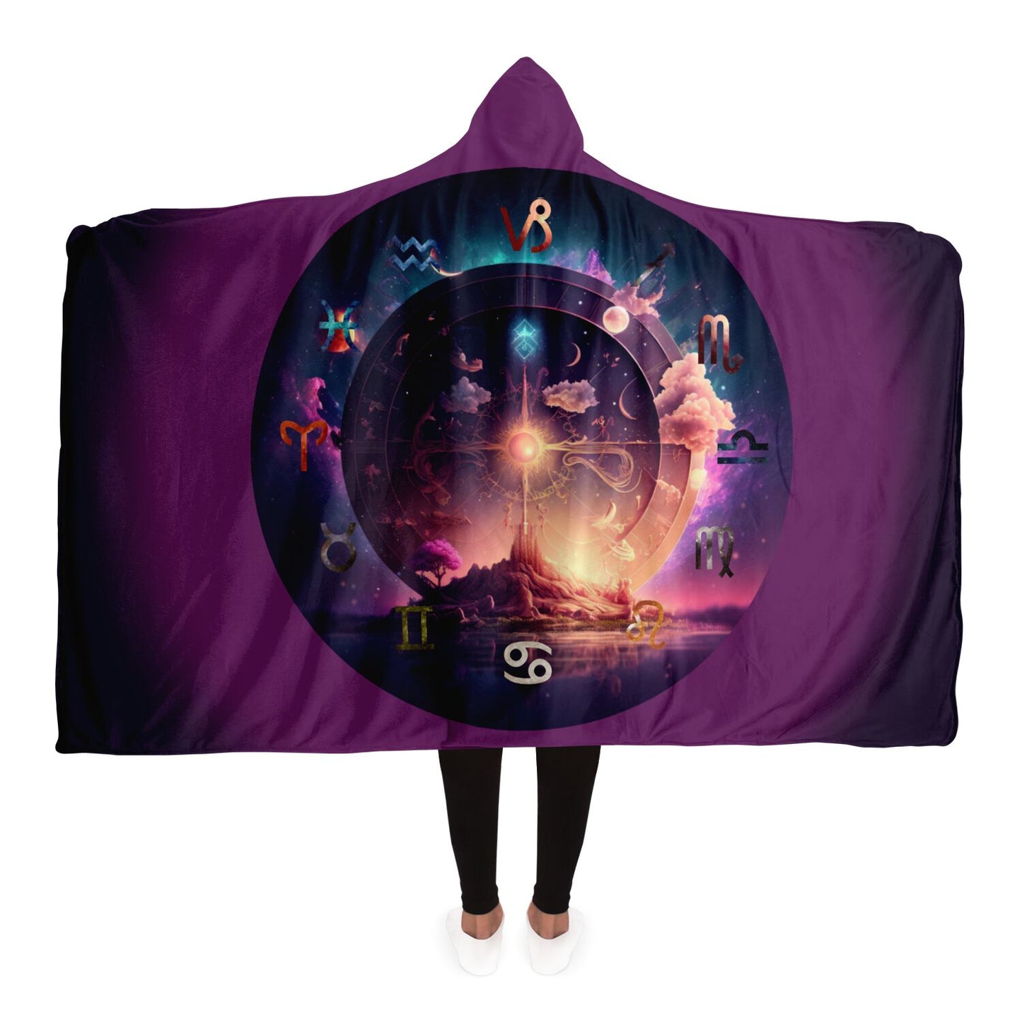 Zodiac Symbols Around Celestial Sphere with Amethyst Background Hooded Blanket