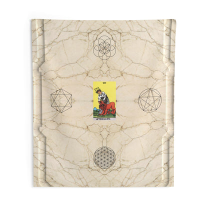 The Strength Tarot Card Altar Cloth or Tapestry with Marble Background, Flower of Life and Seed of Life