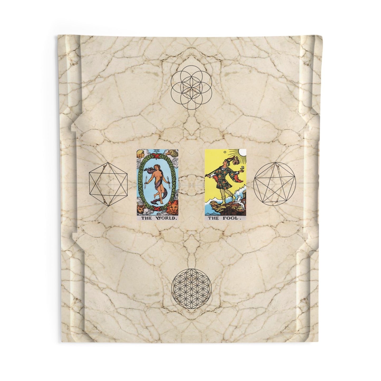 The World AND The Fool Tarot Cards Altar Cloth or Tapestry with Marble Background, Flower of Life and Seed of Life