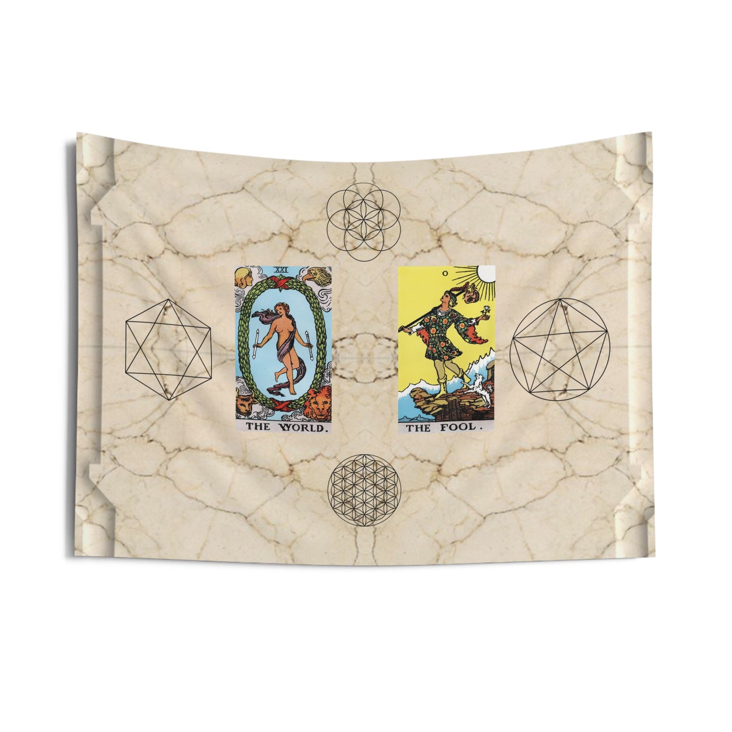 The World AND The Fool Tarot Cards Altar Cloth or Tapestry with Marble Background, Flower of Life and Seed of Life