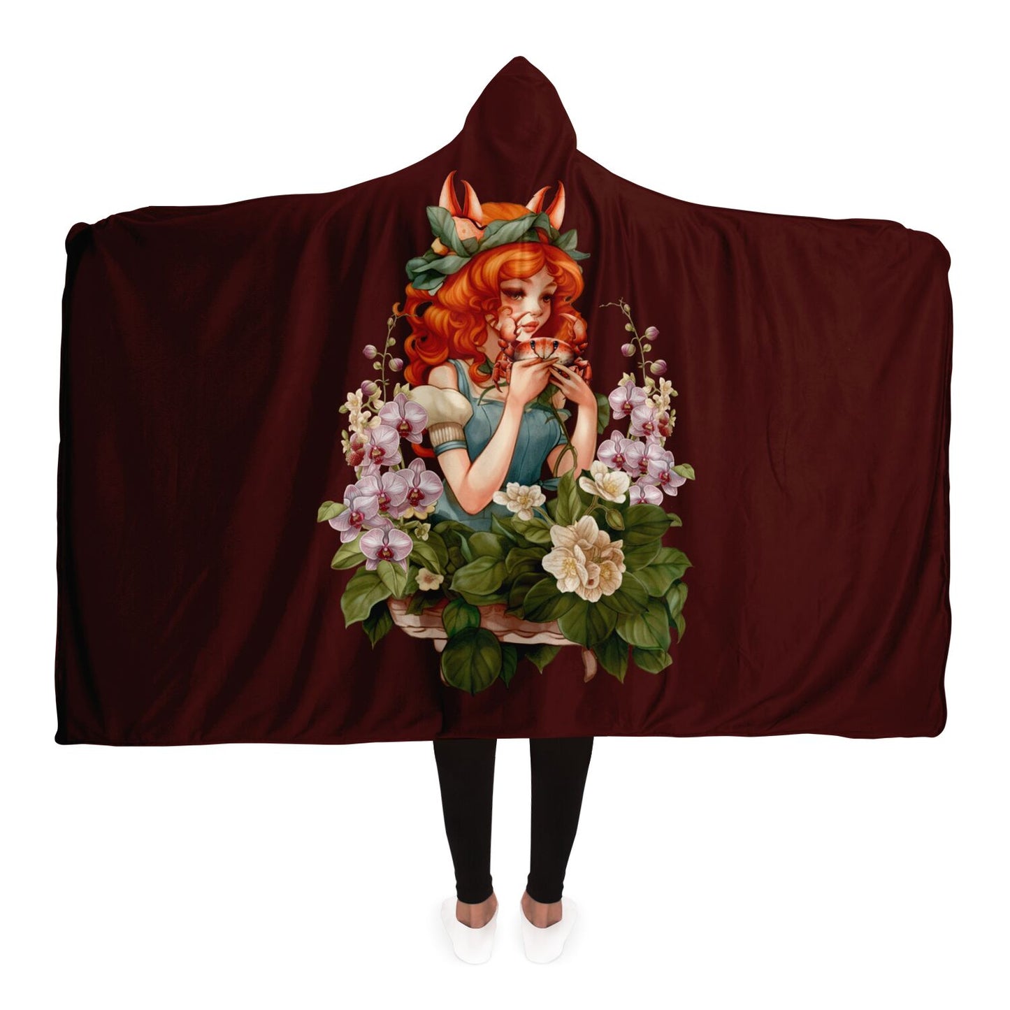 Cancarian Girl and Crab Vintage Illustration Hooded Blanket