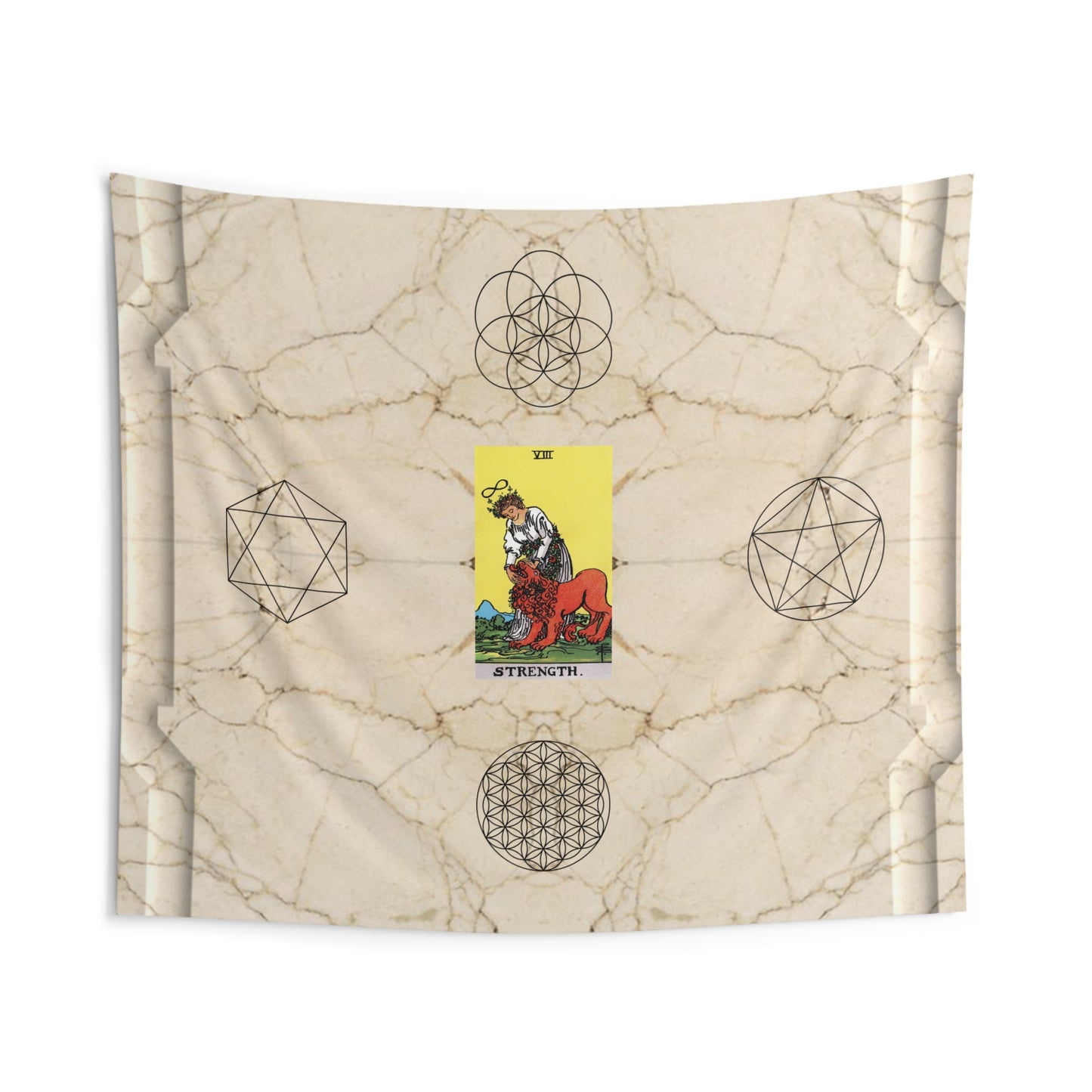 The Strength Tarot Card Altar Cloth or Tapestry with Marble Background, Flower of Life and Seed of Life