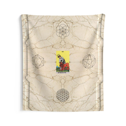 The Strength Tarot Card Altar Cloth or Tapestry with Marble Background, Flower of Life and Seed of Life