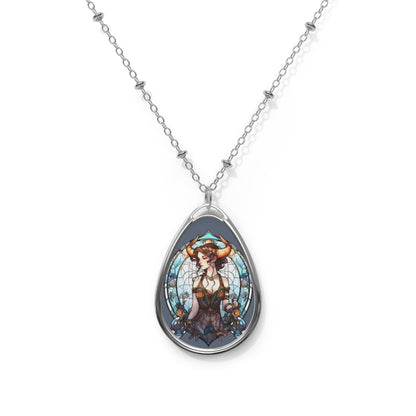 Taurus Zodiac Sign Stained glass Illustration ~ Necklace & Oval Pendant With Chain