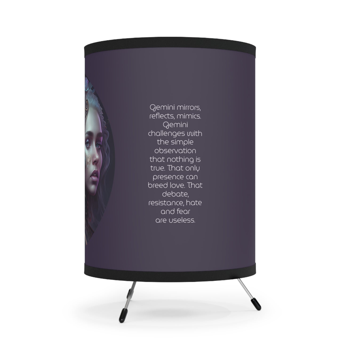 Gemini Twins in Violet with Inspirational Poem Printed Shade Tripod Lamp, US\CA plug