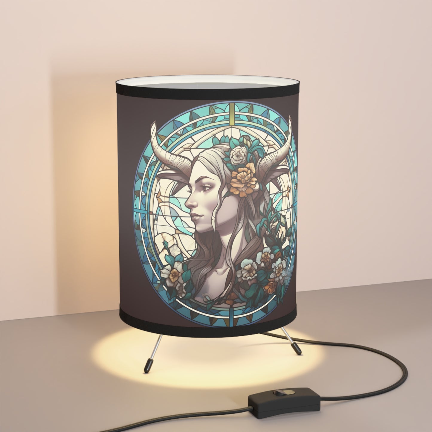 Capricorn Stained Glass Illustration Tripod Lamp with Printed Shade, US\CA plug