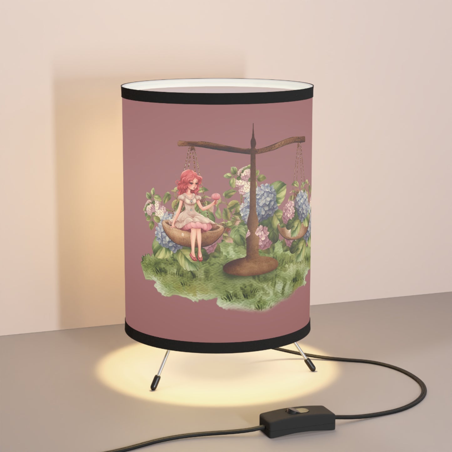 Libra Vintage Girl on Scales Tripod Lamp with Printed Shade, US\CA plug