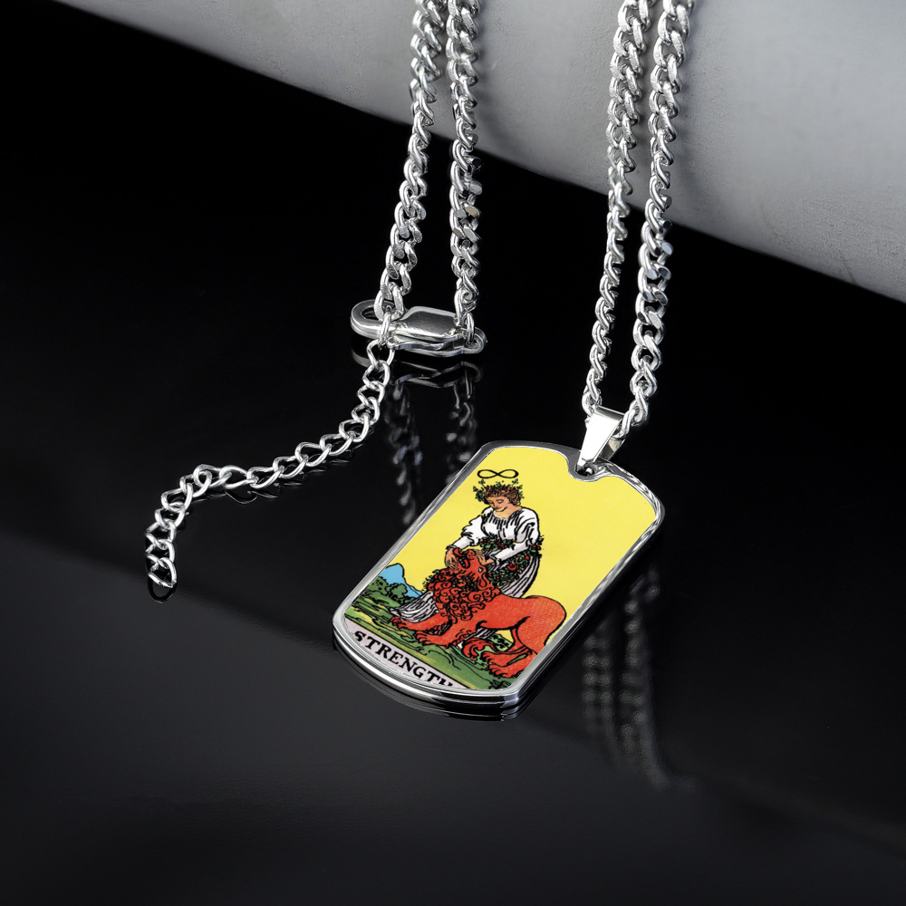 The Strength Tarot Card Double Sided Print Rectangular Pendant and Necklace